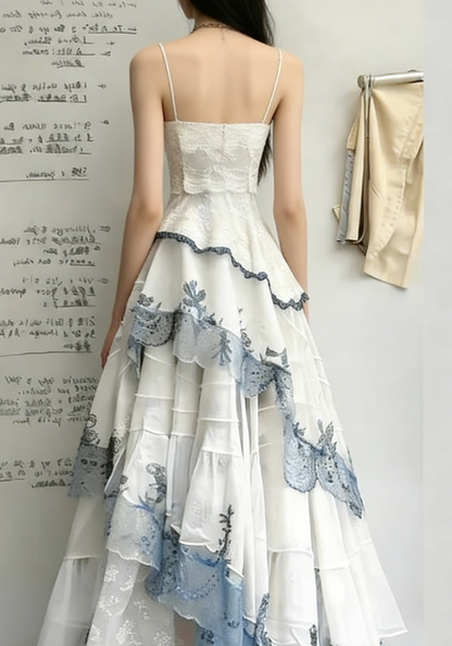White Spaghetti Straps A-Line Lace Layers Formal Long Party Dresses, D1182