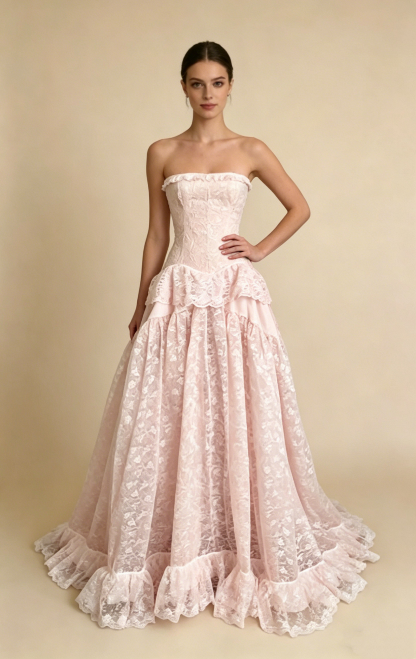 White Strapless A-Line Lace Long Party Dress Vintage Wedding Dress, D791