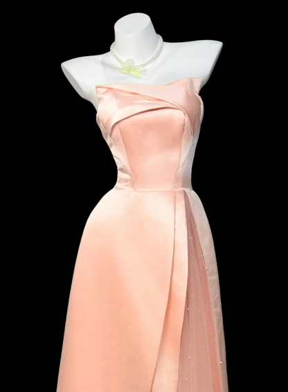 Sweet Pink Strapless Satin Tulle Beaded A Line Party Dress Long Wedding Guest Dress D2338