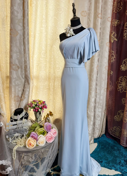 Classy One Shoulder Haze Blue Satin Pleated Mermaid Long Wedding Guest Dress Formal Birthday Evening Dress SP1618