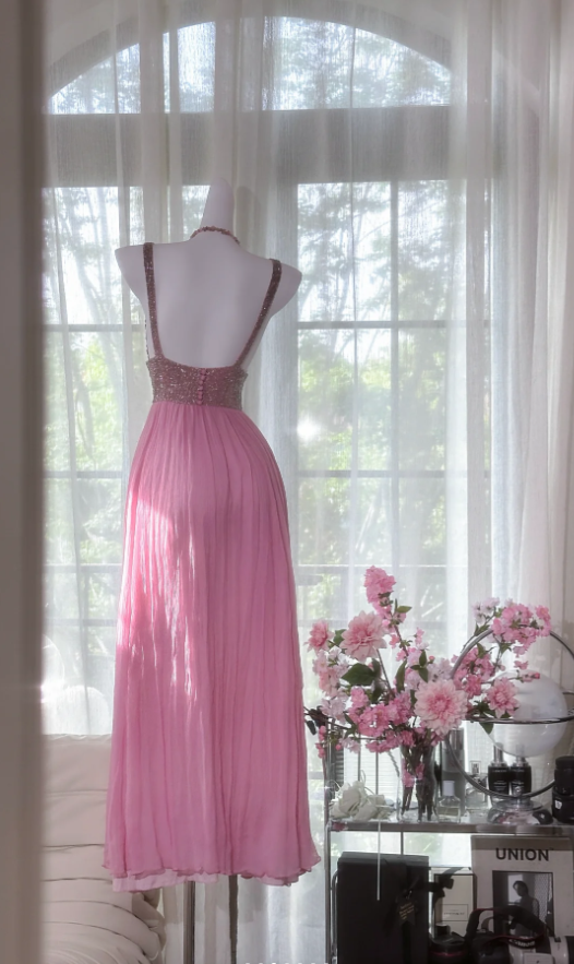 Pretty Pink V Neck Sequin Chiffon A Line Long Wedding Guest Dress Formal Party Dress Prom Dresses D2093