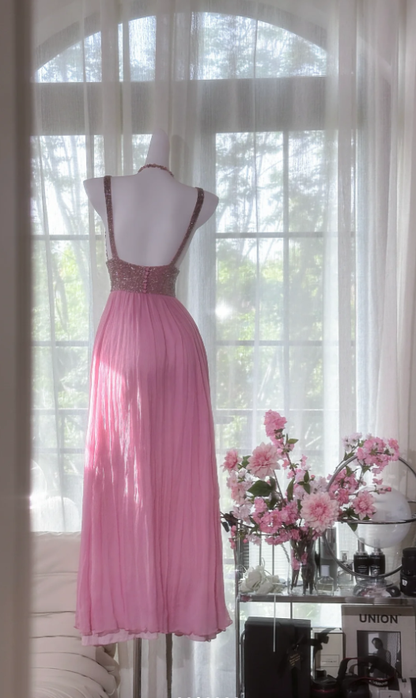 Pretty Pink V Neck Sequin Chiffon A Line Long Wedding Guest Dress Formal Party Dress Prom Dresses D2093