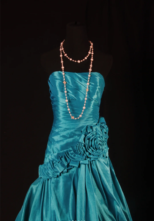 Vintage Strapless Blue Green Satin Pleated Floral Mermaid Long Party Dress Evening Gown
