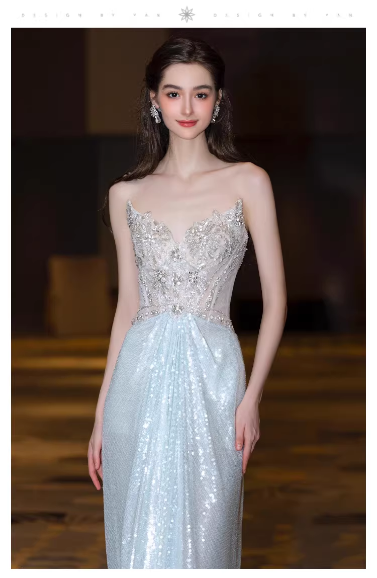 Glamorous Blue Strapless Tulle Sequin Beaded Mermaid Long Evening Dress Prom Dress D2216