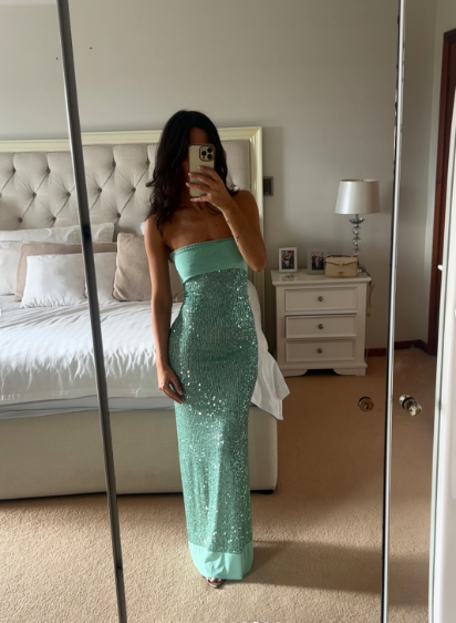 Sparkly Strapless Green Sequin Mermaid Prom Dress Long Party Gown With Ribbon
