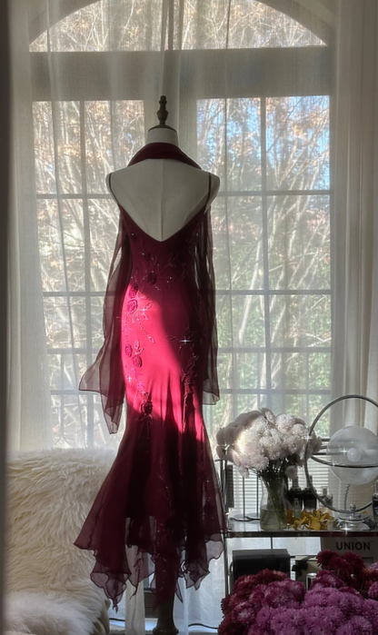 Charming Spaghetti Straps Burgundy Chiffon Beaded Mermaid Long Party Dress Birthday Prom Gown