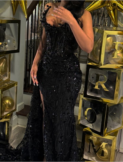 Gorgeous Black Lace Beaded Mermaid Slit Evening Dress Prom Gown