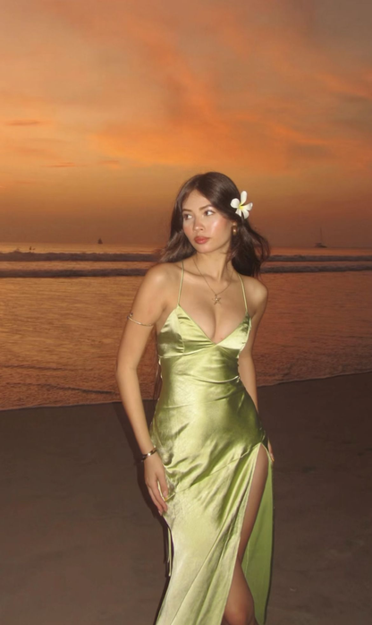 Simple Green Halter Satin Slit A Line Long Party Dress Evening Gown