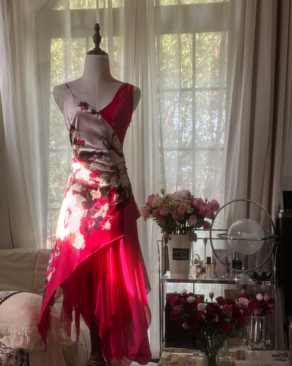 Charming Red V Neck Satin Floral Chiffon Mermaid Long Party Dress Birthday Dress D2298