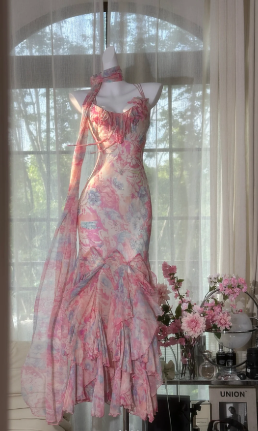 Elegant Spaghetti Straps Pink Chiffon Print Floral Beaded Mermaid Party Dress Prom Gown With Ribbon