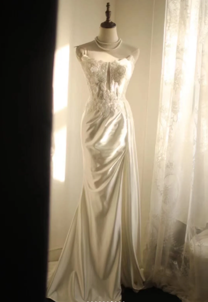 Elegant Strapless White Satin Appliques Mermaid Long Wedding Guest Dress Birthday Party Dress SP1203