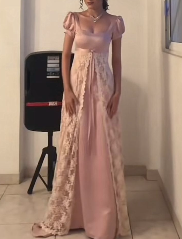 Elegant Pink Satin Lace Long Birthday Prom Dress Evening Dress SP1291