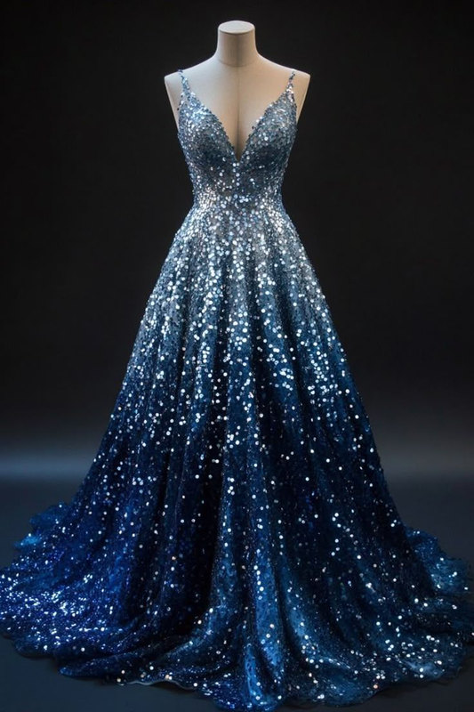 Pretty Spaghetti Straps Ombre Blue V Neck Sequin Ball Gown Formal Quinceanera Dress SP372