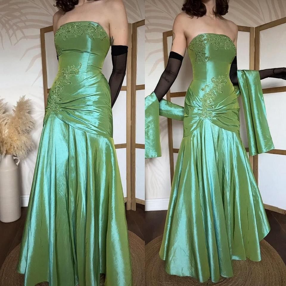 Classy Strapless Green Satin Pleated Beaded Mermaid Party Dress Long Evening Gown