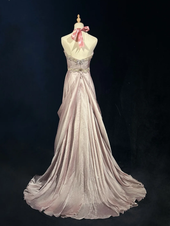 Glamorous Pink Halter Satin Lace Beaded Mermaid Evening Dress Long Birthday Prom Dress Party Gown