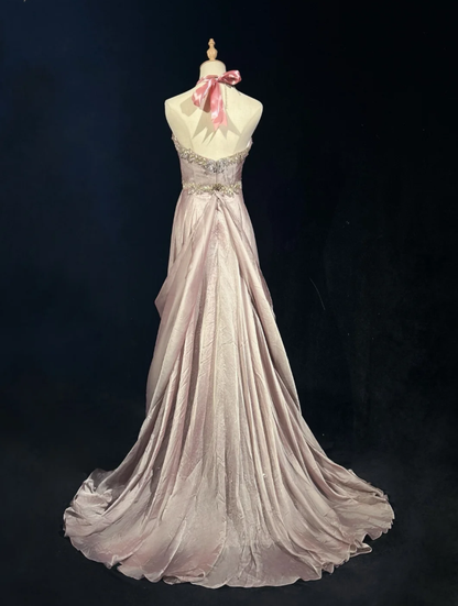Glamorous Pink Halter Satin Lace Beaded Mermaid Evening Dress Long Birthday Prom Dress Party Gown
