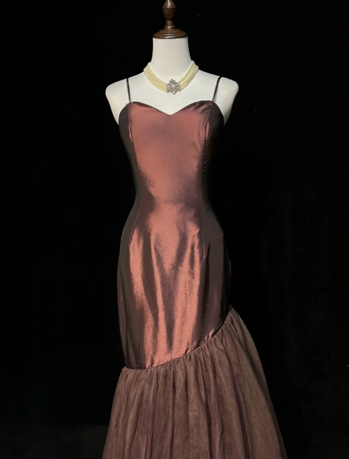 Vintage Spaghetti Straps Dark Burgundy Satin Tulle Mermaid Long Evenng Dress Party Gown Formal Wedding Guest Dress