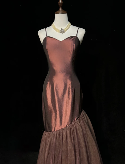 Vintage Spaghetti Straps Dark Burgundy Satin Tulle Mermaid Long Evenng Dress Party Gown Formal Wedding Guest Dress