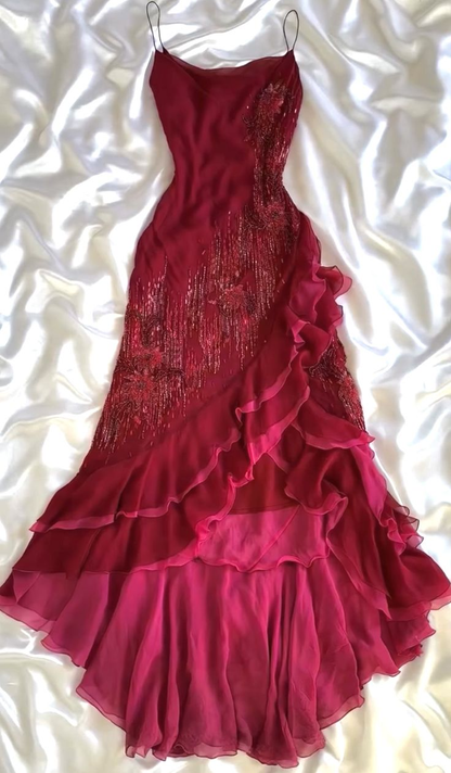 Pretty Burgundy Spaghetti Straps Chiffon Sequin Beaded Ruffle Mermaid Evening Dress Long Party Gown