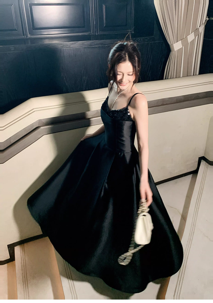 Sexy Black Spaghetti Straps Satin A Line Long Wedding Guest Dress Formal Birthday Prom Dress Party Dress SP1492