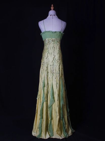 Chic Spaghetti Straps Yellow-green Satin Beaded Mermaid Long Party Dress Birthday Evening Gown With Ruffles