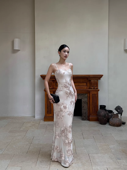Unique Champagne Satin Floral Mermaid Evening Dress Spaghetti Straps Long Party Gown