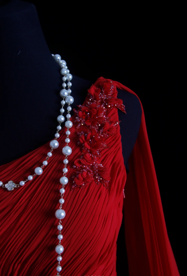 Classy One Shoulder Red Chiffon Beaded Mermaid Long Party Dress Formal Wedding Guest Dress D1997