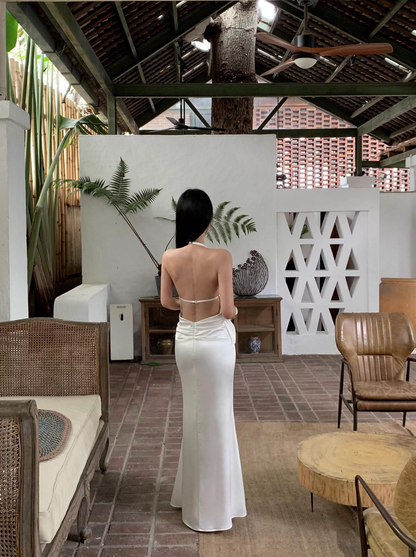 Sexy Halter V Neck White A Line Long Party Dress Formal Backless Evening Gown