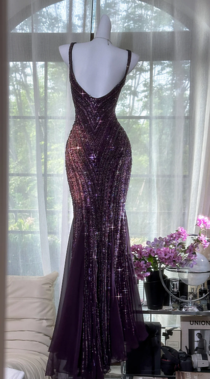 Vintage V Neck Dark Purple Chiffon Sequin Mermaid Long Party Gown Evening Dress