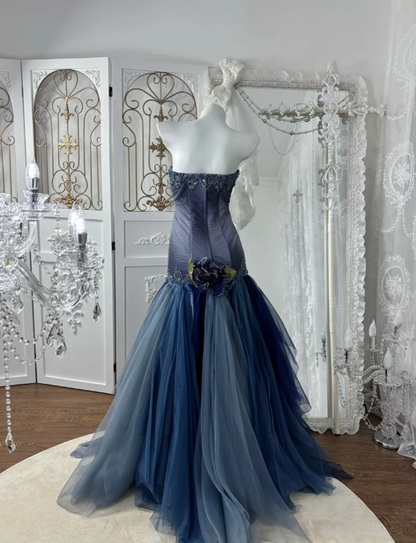 Shiny Strapless Navy Blue Tulle Sequin Beaded Mermaid Party Dress Long Wedding Guest Dress SP1442