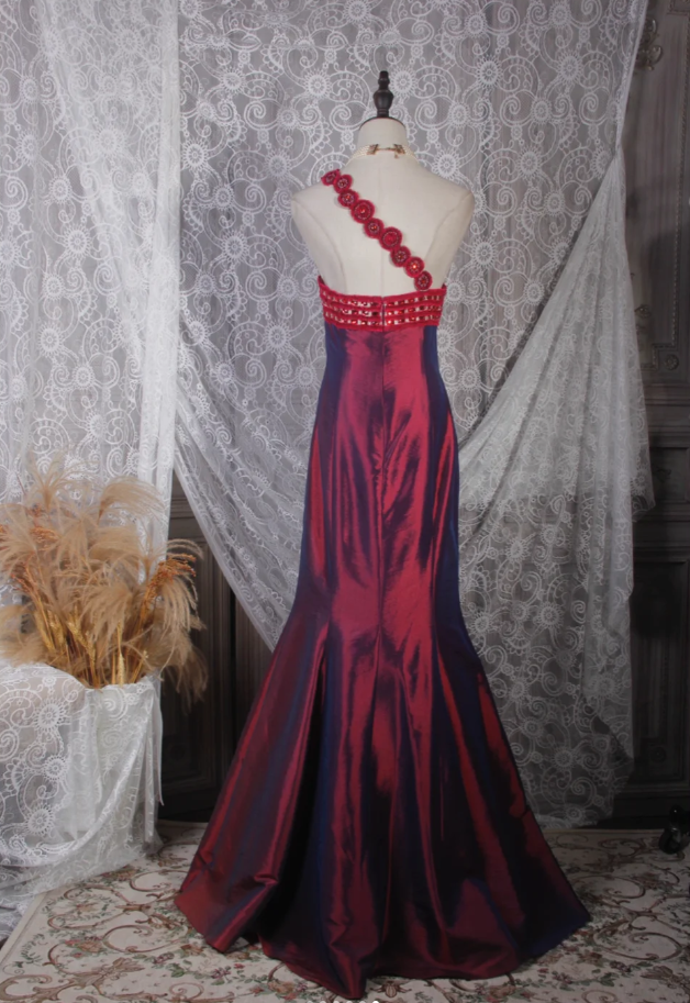 Pretty Burgundy One Shoulder Satin Mermaid Long Party Dress Prom Dress D2246