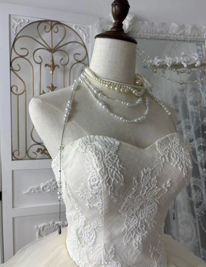 Classy Strapless Off White Lace Tulle Ball Gown Long Wedding Dress Bridal Dress SP1776