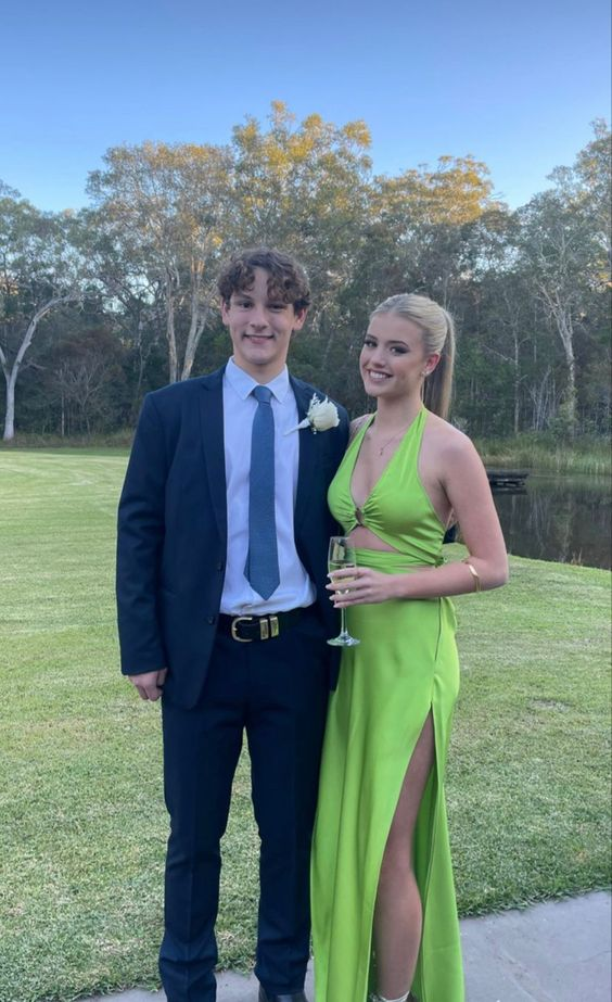 Sexy Green Halter Neckline Prom Dress With Split,Senior Prom Gown  cc1245