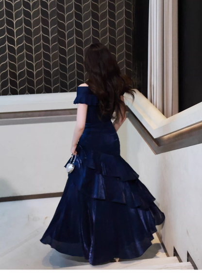 Stylish Navy Blue Off The Shoulder Satin Layered Ruffles Mermaid Long Evening Dress Prom Gown