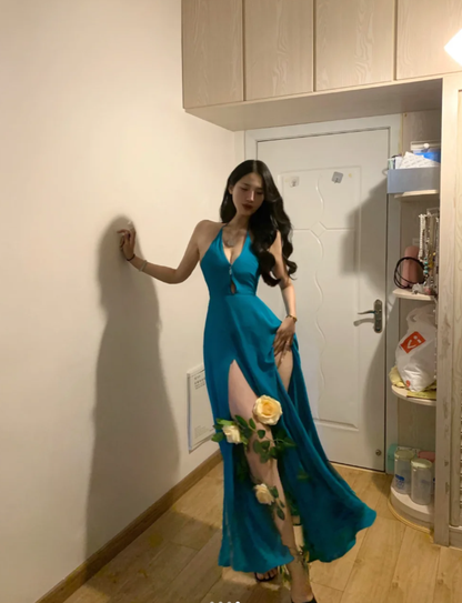 Chic Blue Halter V Neck Satin Slit Mermaid Evening Dress Long Party Gown