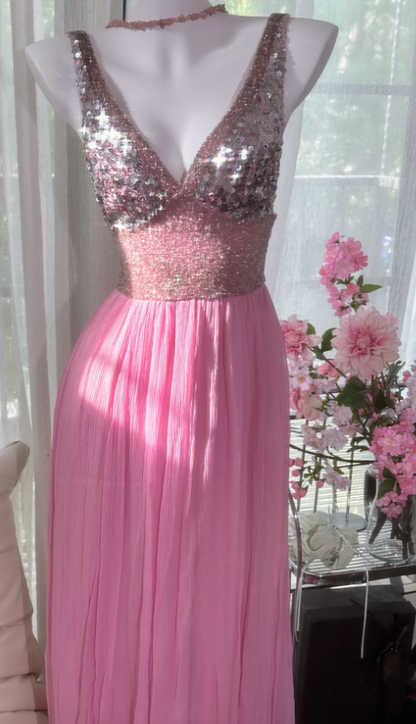 Classy Pink V Neck Chiffon Sequin A Line Long Party Dress Backless Birthday Prom Gown