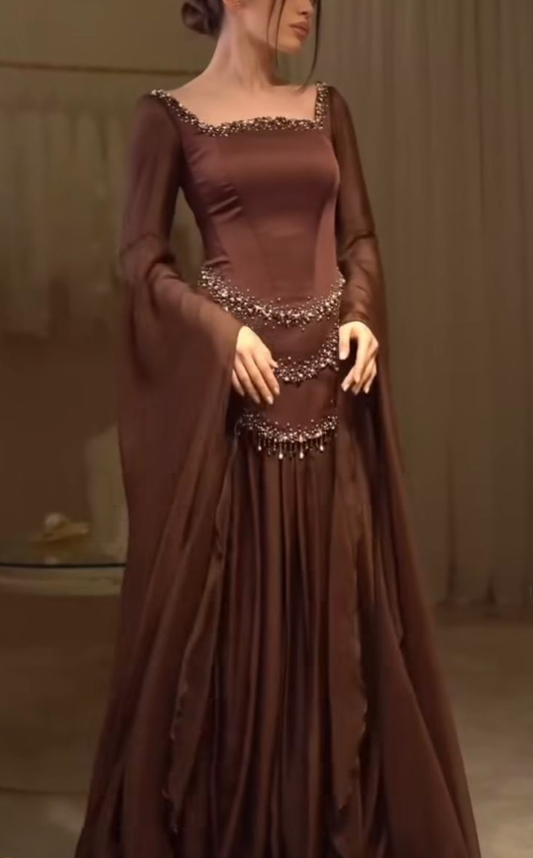Vintage Square Neck Brown Satin Chiffon Beaded Mermaid Evening Dress Long Prom Gown