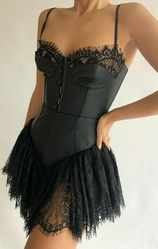 Stylish Spaghetti Straps Black Satin Lace Short Homecoming Dress Cocktail Dress D376