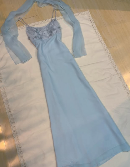 Pretty Light Blue Chiffon Applique Evening Dress,Straps Party Prom Gown cc2573