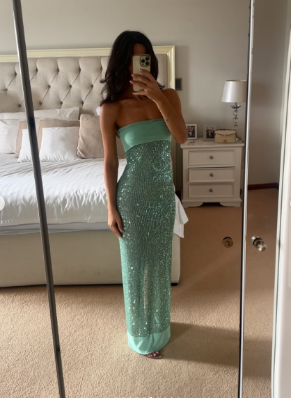 Sparkly Strapless Green Sequin Mermaid Prom Dress Long Party Gown With Ribbon