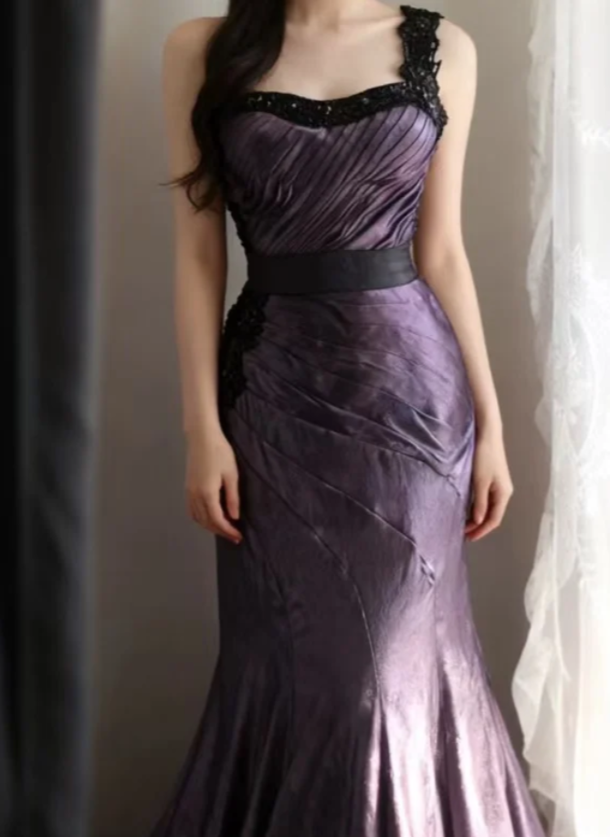 Unique One Shoulder Purple Satin Pleated Tulle Appliques Long Party Dress Birthday Prom Dress D2321