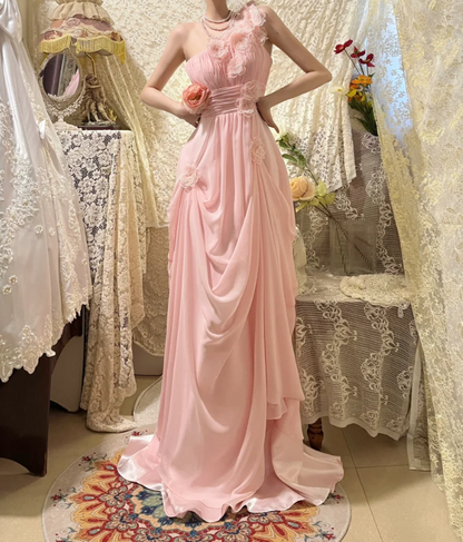 Classy Pink One Shoulder Chiffon Pleated Appliques Long Party Dress Prom Dress Formal Wedding Guest Dress D21114