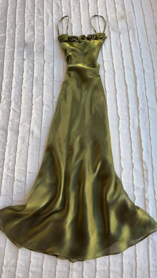 Classy Spaghetti Straps Green Satin Mermaid Party Dress Long Evening Gown