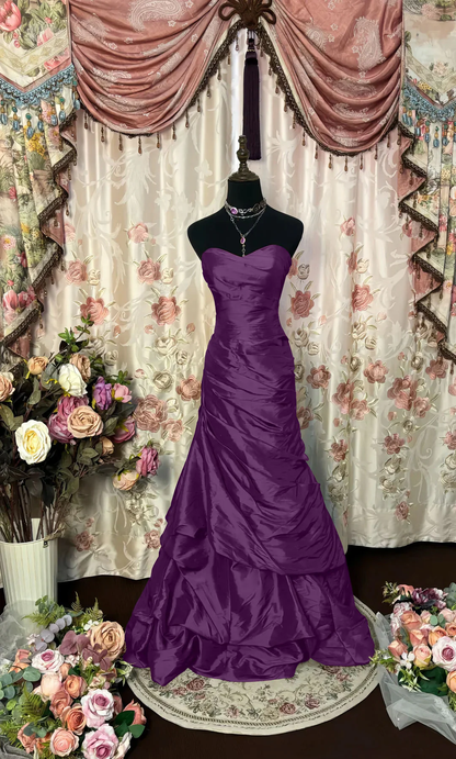Stylish Strapless Red Satin Pleated Mermaid Evening Dress Long Birthday Prom Dresses SP942