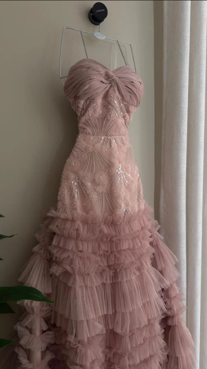 Elegant Sweetheart Neck Pink Sequin Tulle Lace Pleated Mermaid Long Party Dress Evening Gown