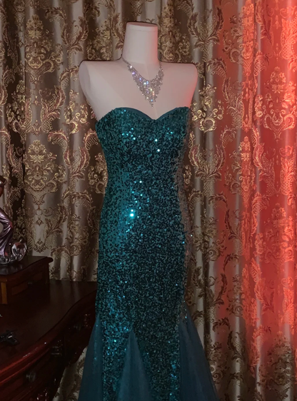 Vintage Strapless Green Tulle Sequin Mermaid Evening Dress Long Wedding Guest Dress Party Gown