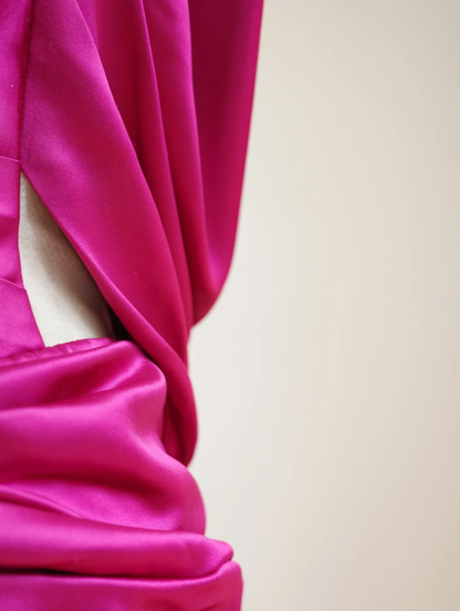 Charming One Shoulder Satin Pleated Mermaid Long Party Dress Hot Pink Wedding Guest Dress D2174