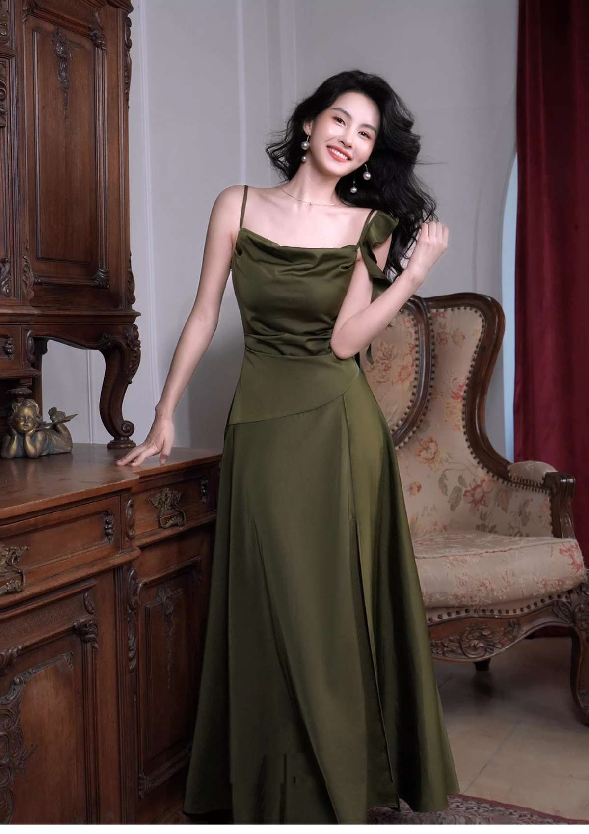 Vintage Olive Green Satin Slit Long Prom Dress Birthday Party Dress SP2008
