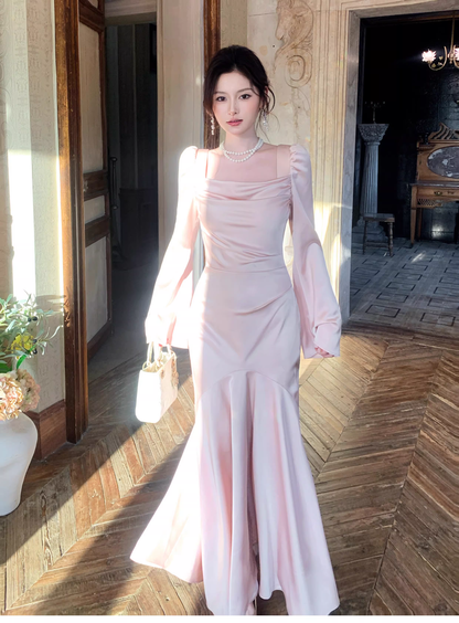 Sweet Pink Satin Mermaid Long Wedding Guest Dress Formal Evening Dress Prom Gown SP1649