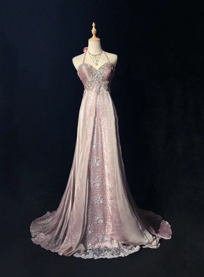 Glamorous Pink Halter Satin Lace Beaded Mermaid Evening Dress Long Birthday Prom Dress Party Gown
